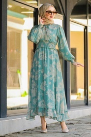 Neva Style - Desenli Koyu Mint Tesettür Elbise 4609KMINT - Thumbnail