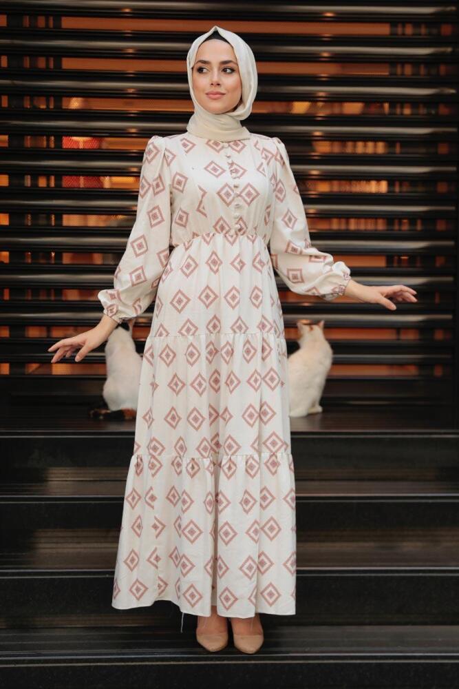 Neva Style - Desenli Koyu Somon Tesettür Elbise 10229KSMN - 1