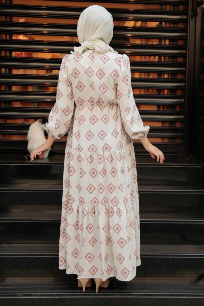 Neva Style - Desenli Koyu Somon Tesettür Elbise 10229KSMN - 5