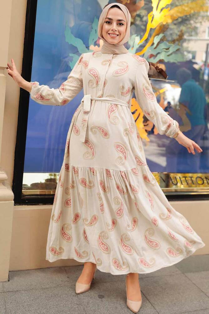 Neva Style - Desenli Koyu Somon Tesettür Elbise 10293KSMN - 2