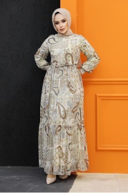 Neva Style - Desenli Krem Tesettür Elbise 33561KR - Thumbnail