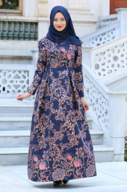 Neva Style - Desenli Lacivert Tesettür Abiye Elbise 2360L - Thumbnail