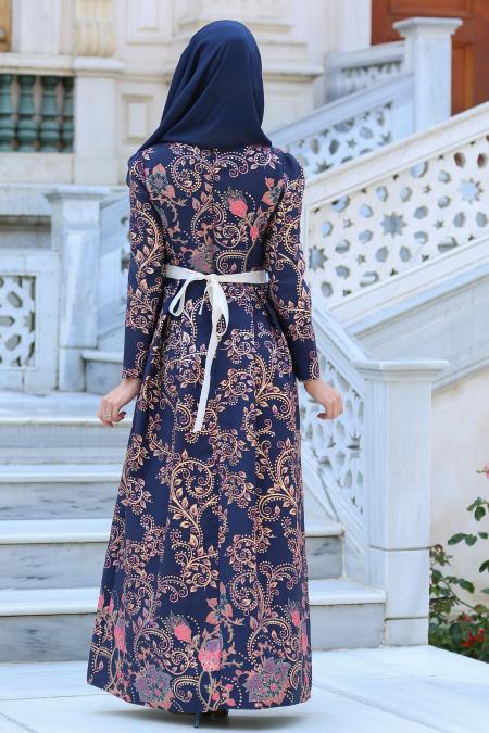 Neva Style - Desenli Lacivert Tesettür Abiye Elbise 2360L - 2