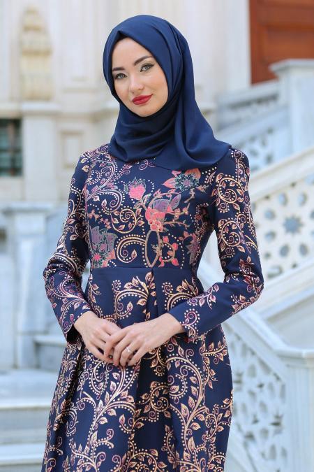 Neva Style - Desenli Lacivert Tesettür Abiye Elbise 2360L - 3
