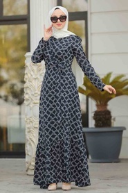 Neva Style - Desenli Lacivert Tesettür Elbise 13501L - Thumbnail