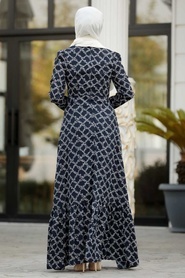 Neva Style - Desenli Lacivert Tesettür Elbise 13501L - Thumbnail