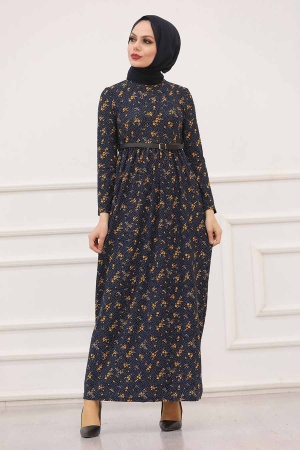 Neva Style - Desenli Lacivert Tesettür Elbise 163905L - 1