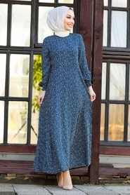 Neva Style - Desenli Lacivert Tesettür Elbise 27614L - Thumbnail