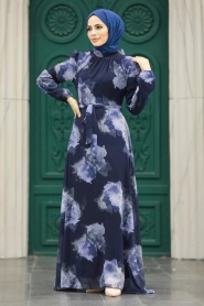 Neva Style - Desenli Lacivert Tesettür Elbise 279313L - Thumbnail
