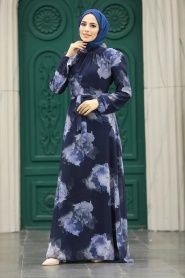 Neva Style - Desenli Lacivert Tesettür Elbise 279313L - Thumbnail