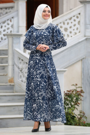 Neva Style - Desenli Lacivert Tesettür Elbise 41592L - Thumbnail