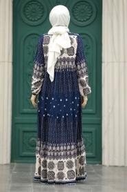 Neva Style - Desenli Lacivert Tesettür Elbise 50005L - Thumbnail