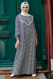 Neva Style - Desenli Lacivert Tesettür Elbise 7660L - Thumbnail
