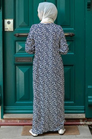 Neva Style - Desenli Lacivert Tesettür Elbise 7660L - Thumbnail