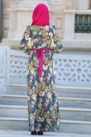 Neva Style - Desenli Lacivert Tesettür Elbise 76938L - Thumbnail
