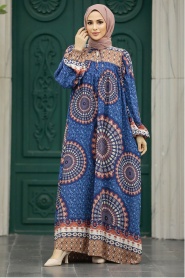 Neva Style - Desenli Lacivert Tesettür Elbise 9005L - Thumbnail