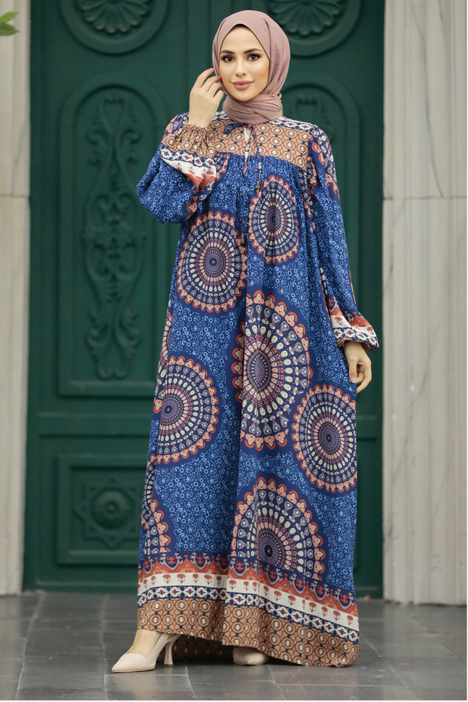 Neva Style - Desenli Lacivert Tesettür Elbise 9005L - 1