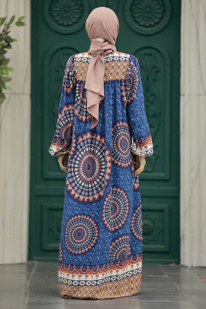 Neva Style - Desenli Lacivert Tesettür Elbise 9005L - 2