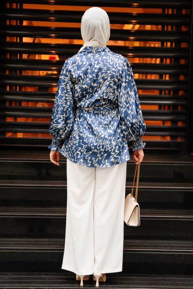  Desenli Lacivert Tesettür Saten Tunik 2445L - 3