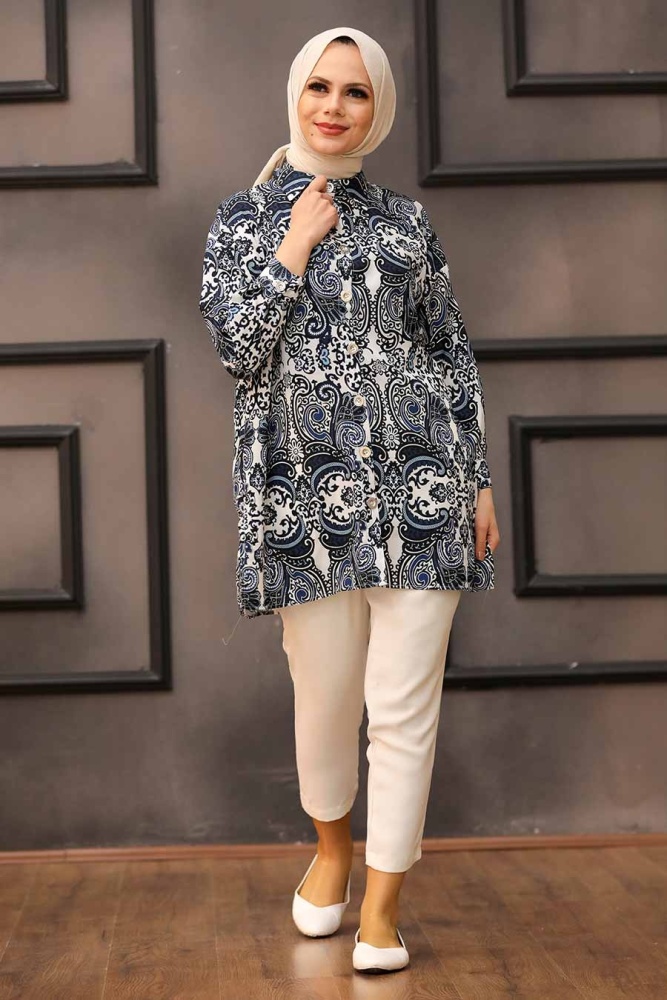 Neva Style - Desenli Lacivert Tesettür Tunik 273205L - 1