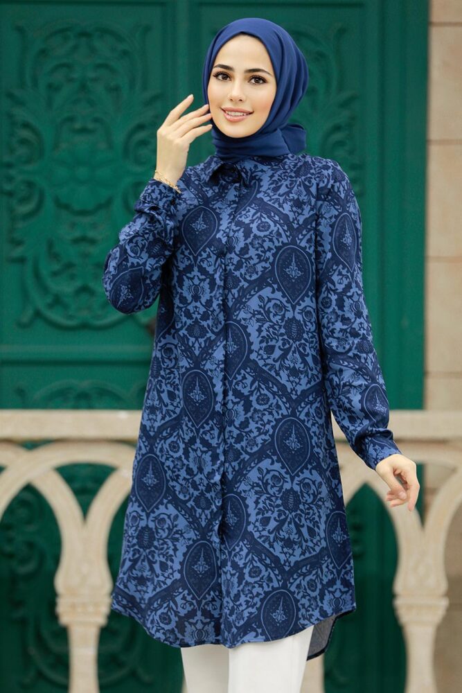 Neva Style - Desenli Lacivert Tesettür Viskon Tunik 11600L - 1