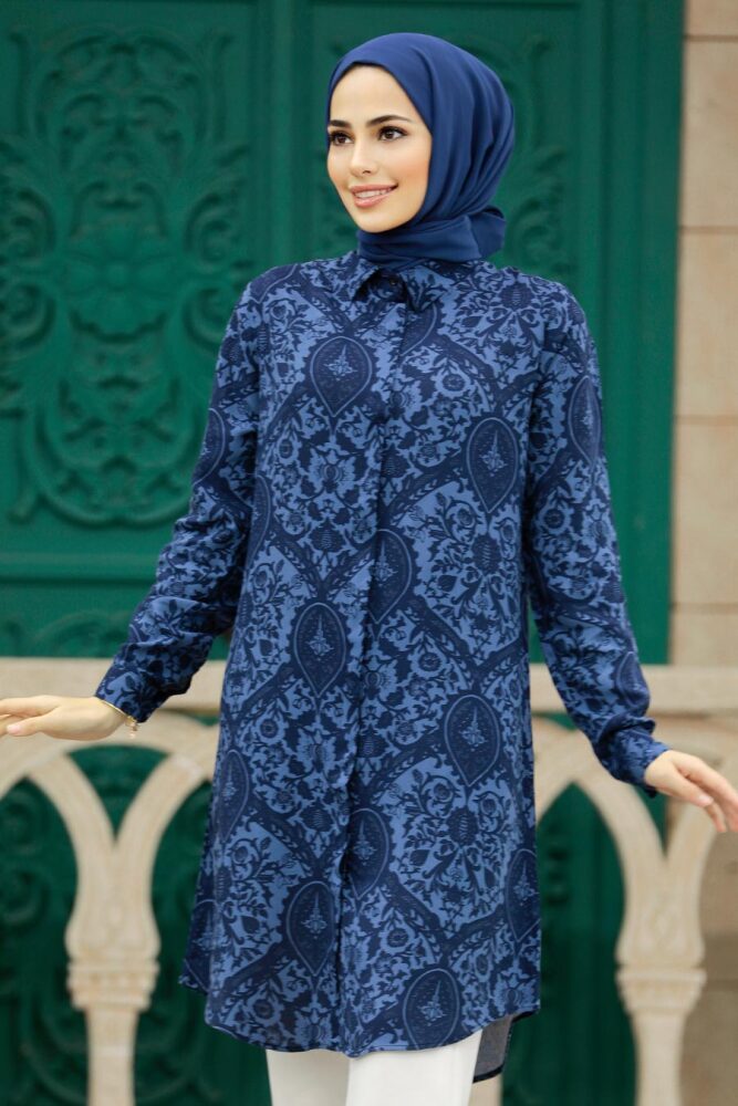 Neva Style - Desenli Lacivert Tesettür Viskon Tunik 11600L - 2