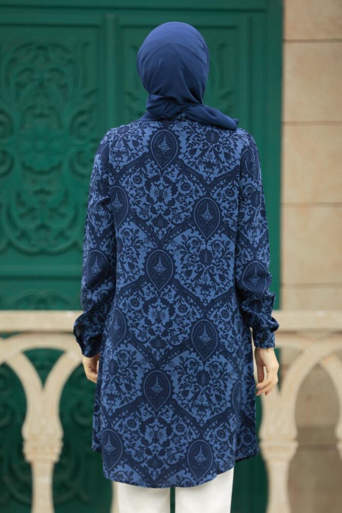 Neva Style - Desenli Lacivert Tesettür Viskon Tunik 11600L - 3