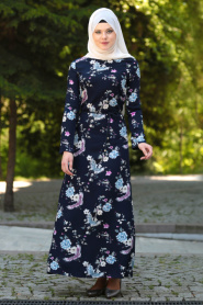 Neva Style - Desenli Lacivert Tesettürlü Elbise 53547L - Thumbnail
