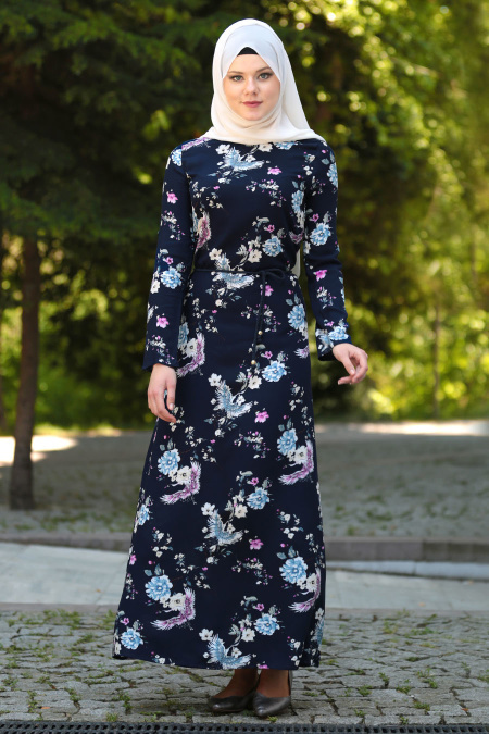 Neva Style - Desenli Lacivert Tesettürlü Elbise 53547L