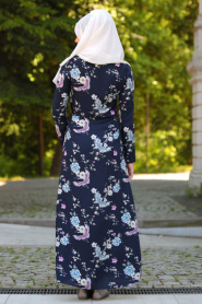 Neva Style - Desenli Lacivert Tesettürlü Elbise 53547L - Thumbnail