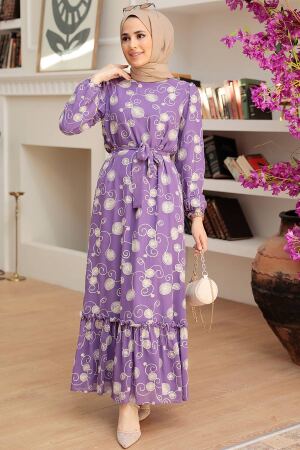 Neva Style - Desenli Lila Tesettür Elbise 13311LILA - 2