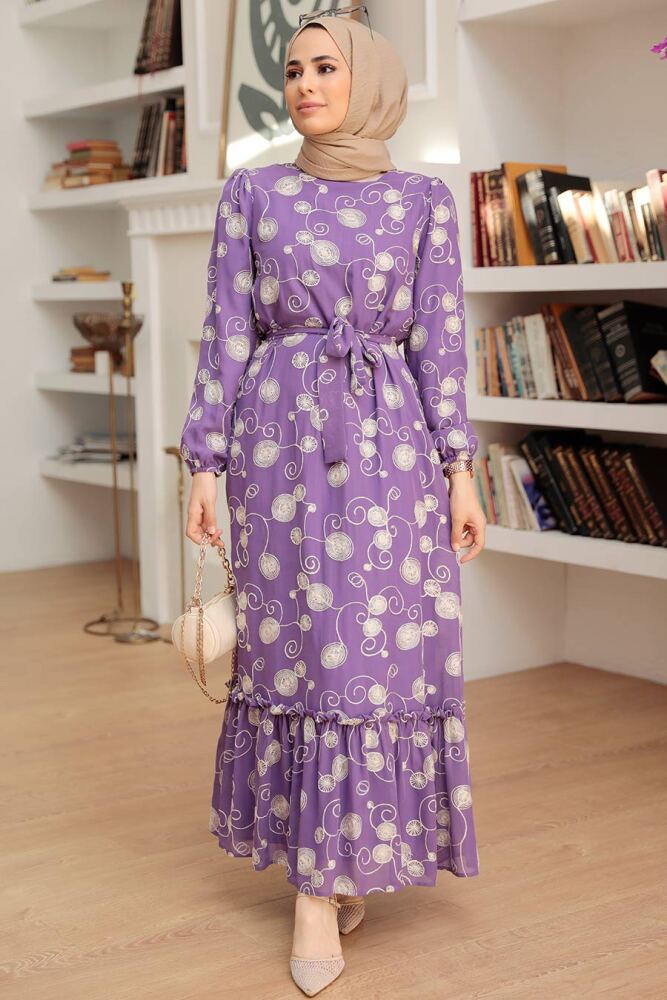 Neva Style - Desenli Lila Tesettür Elbise 13311LILA - 3