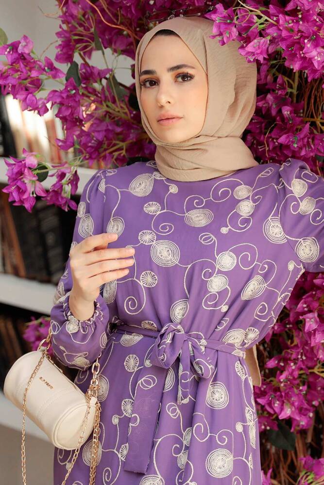 Neva Style - Desenli Lila Tesettür Elbise 13311LILA - 4