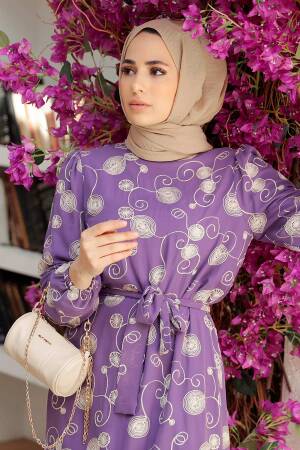 Neva Style - Desenli Lila Tesettür Elbise 13311LILA - 5