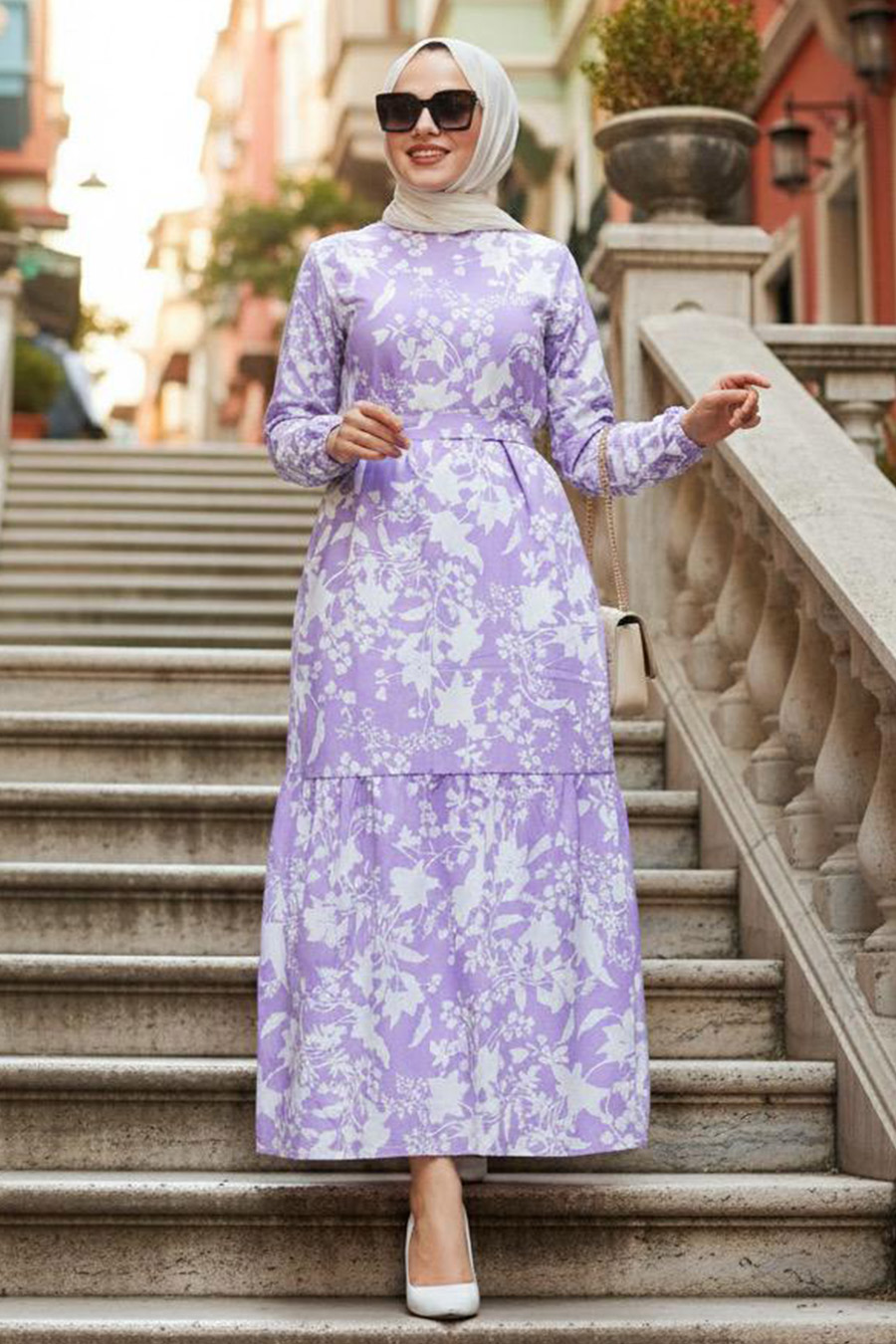  Desenli Lila Tesettür Elbise 25964LILA