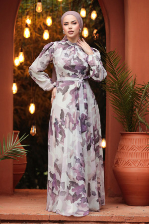Neva Style - Desenli Lila Tesettür Elbise 30059LILA - 3