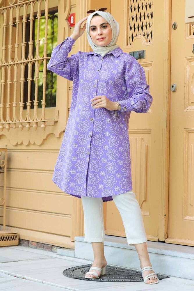 Neva Style - Desenli Lila Tesettür Tunik 20350LILA - 1