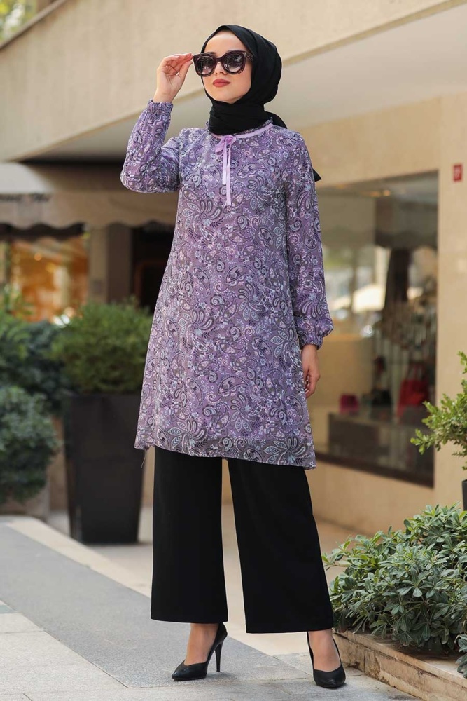 Neva Style - Desenli Lila Tesettür Tunik 30260LILA - 1