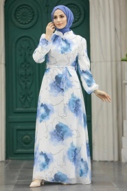 Neva Style - Desenli Mavi Tesettür Elbise 279313M - Thumbnail