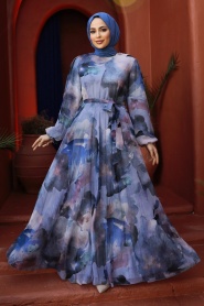 Neva Style - Desenli Mavi Tesettür Elbise 33095M - Thumbnail