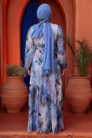 Neva Style - Desenli Mavi Tesettür Elbise 33095M - Thumbnail