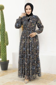 Neva Style - Desenli Mavi Tesettür Elbise 3356M - Thumbnail