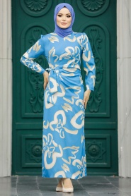 Neva Style - Desenli Mavi Tesettür Saten Elbise 5939M - Thumbnail