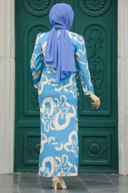 Neva Style - Desenli Mavi Tesettür Saten Elbise 5939M - Thumbnail