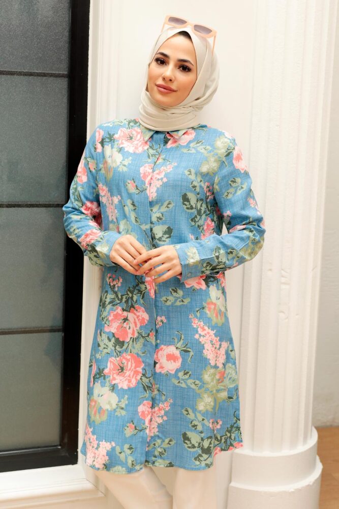 Neva Style - Desenli Mavi Tesettür Viskon Tunik 11541M - 1