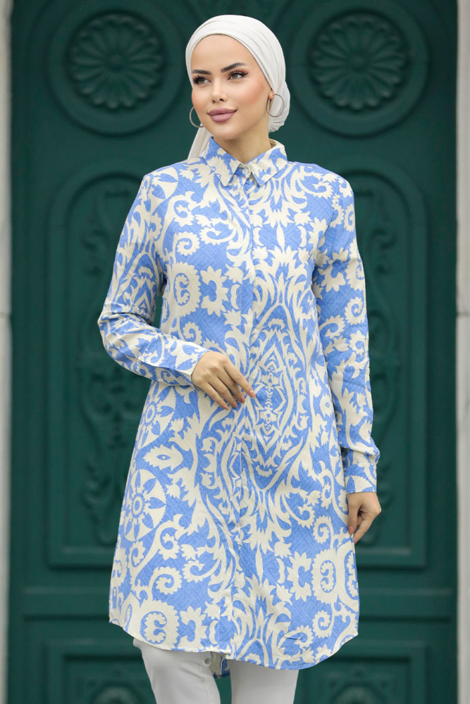 Neva Style - Desenli Mavi Tesettür Viskon Tunik 11663M - 1