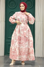 Neva Style - Desenli Mercan Tesettür Elbise 5888MR - Thumbnail
