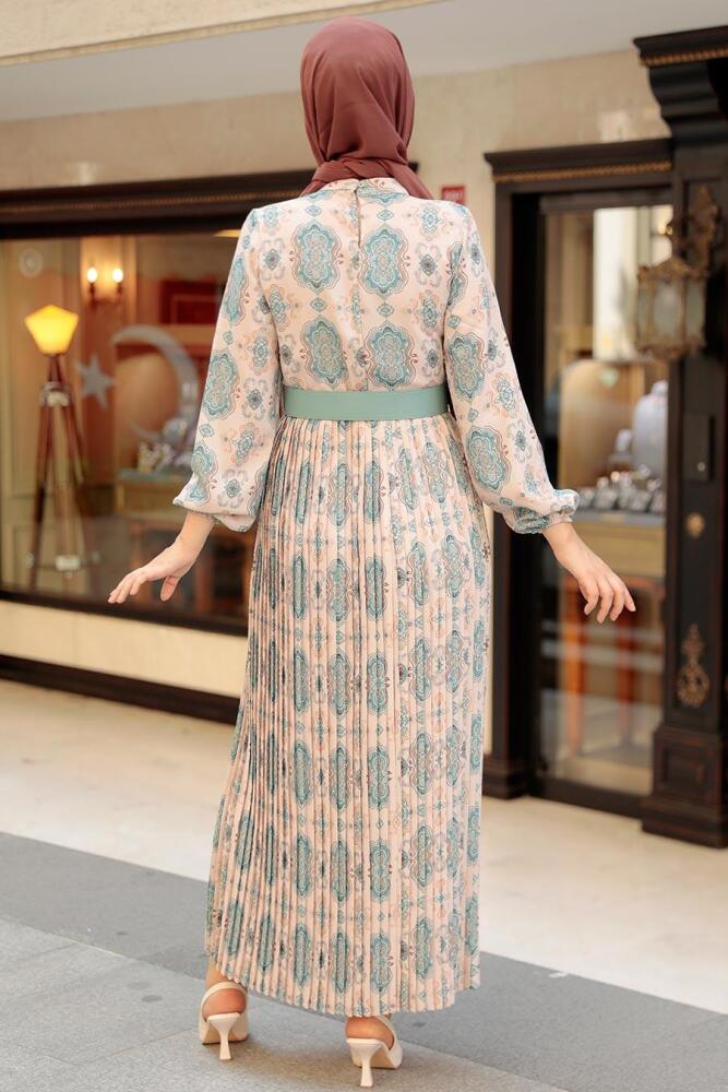 Neva Style - Desenli Mint Tesettür Elbise 11801MINT - 2