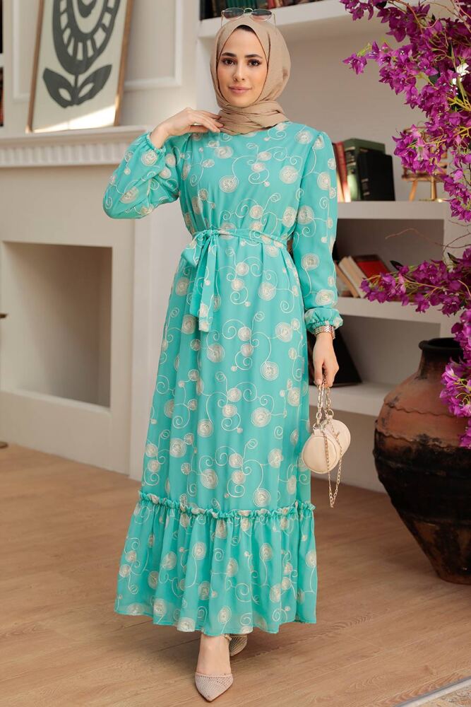 Neva Style - Desenli Mint Tesettür Elbise 13311MINT - 2