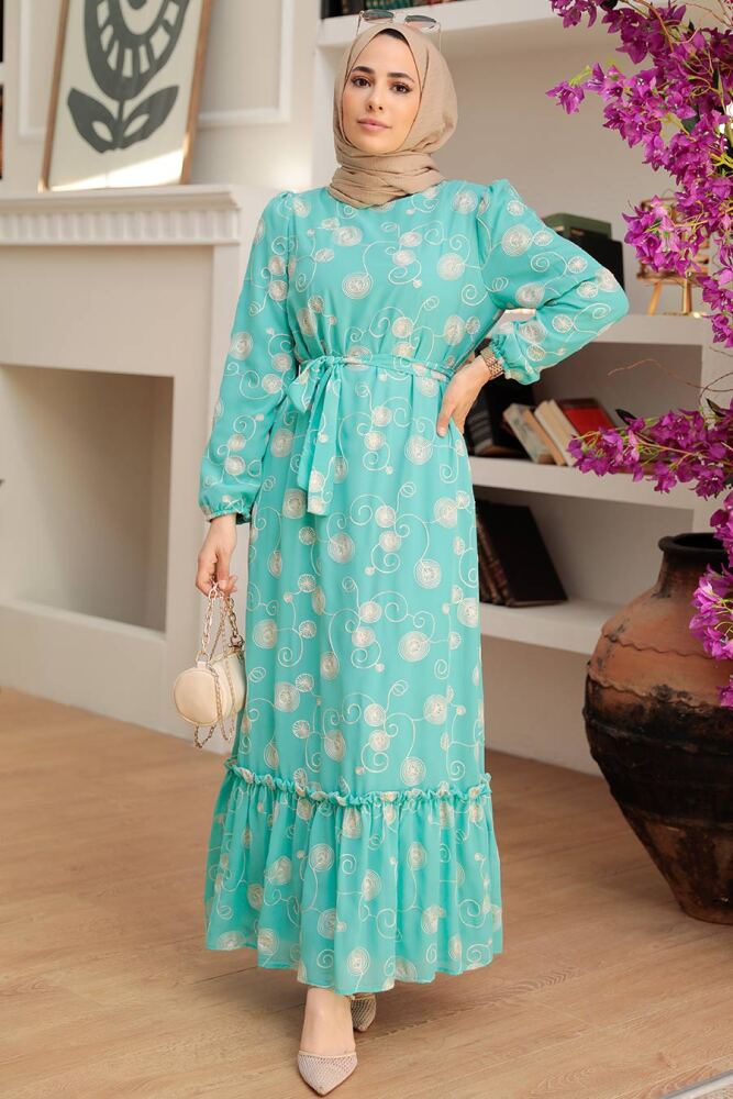 Neva Style - Desenli Mint Tesettür Elbise 13311MINT - 3